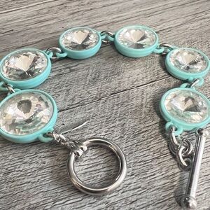 EUC Ann Taylor Crystal Rivoli Bracelet Light Blue Teal Enamel Silver Tone